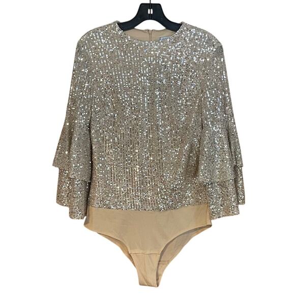 Mac Duggal NWD Size Small Nude Silver Ruffle 3/4 Sleeve Sequin Bodysuit R26822 - Picture 4 of 7
